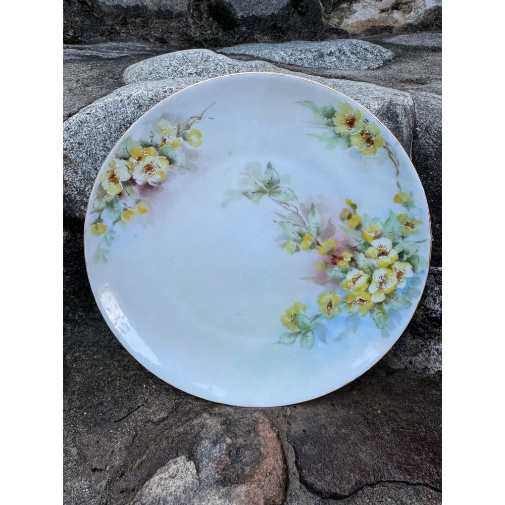 Vintage Bavaria Porcelain Decorative Plate Hand Painted Yellow Floral Gold Rim